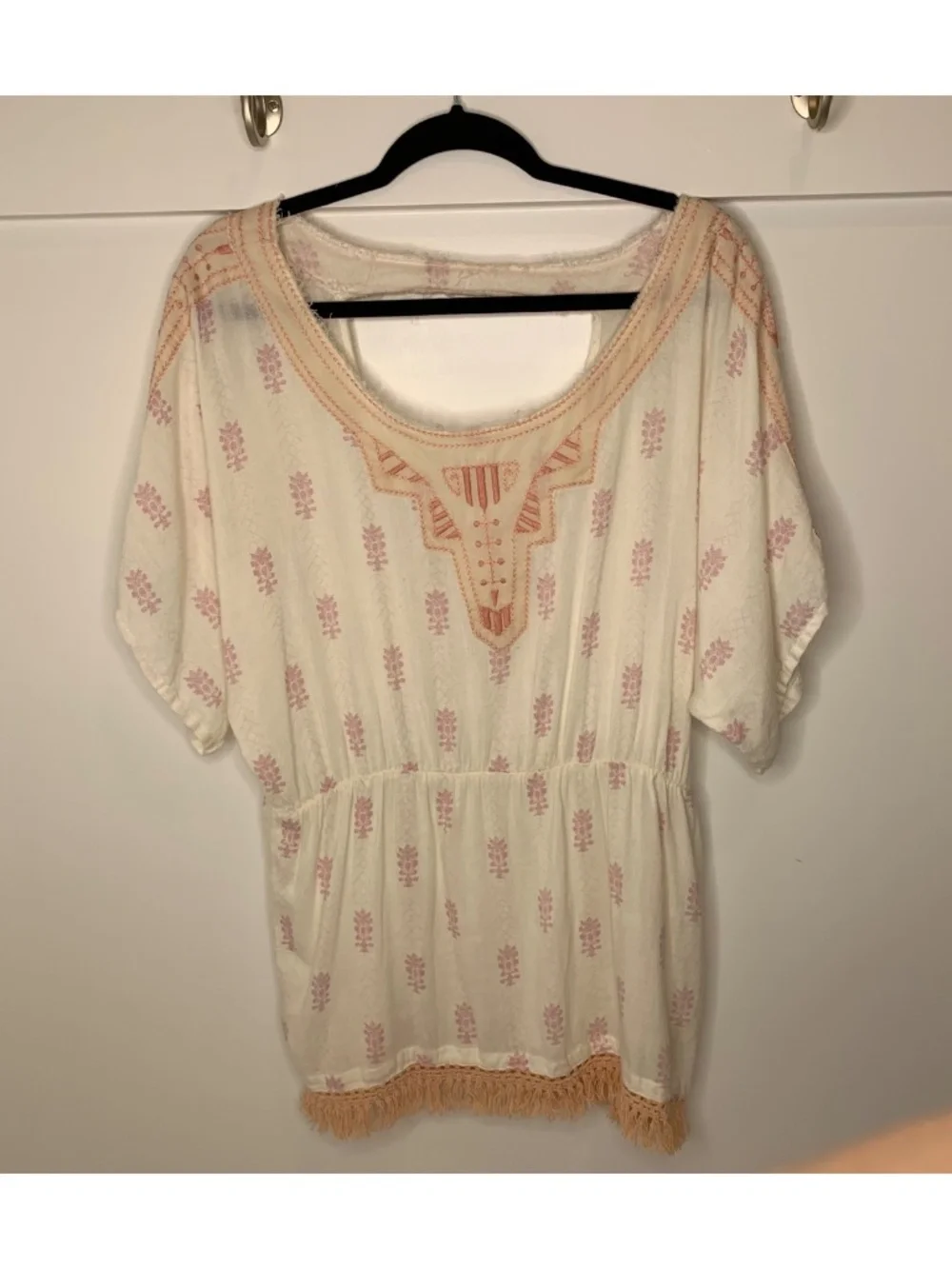 Free People Gauzy Embroidered Boho Fringe Tunic Top Small